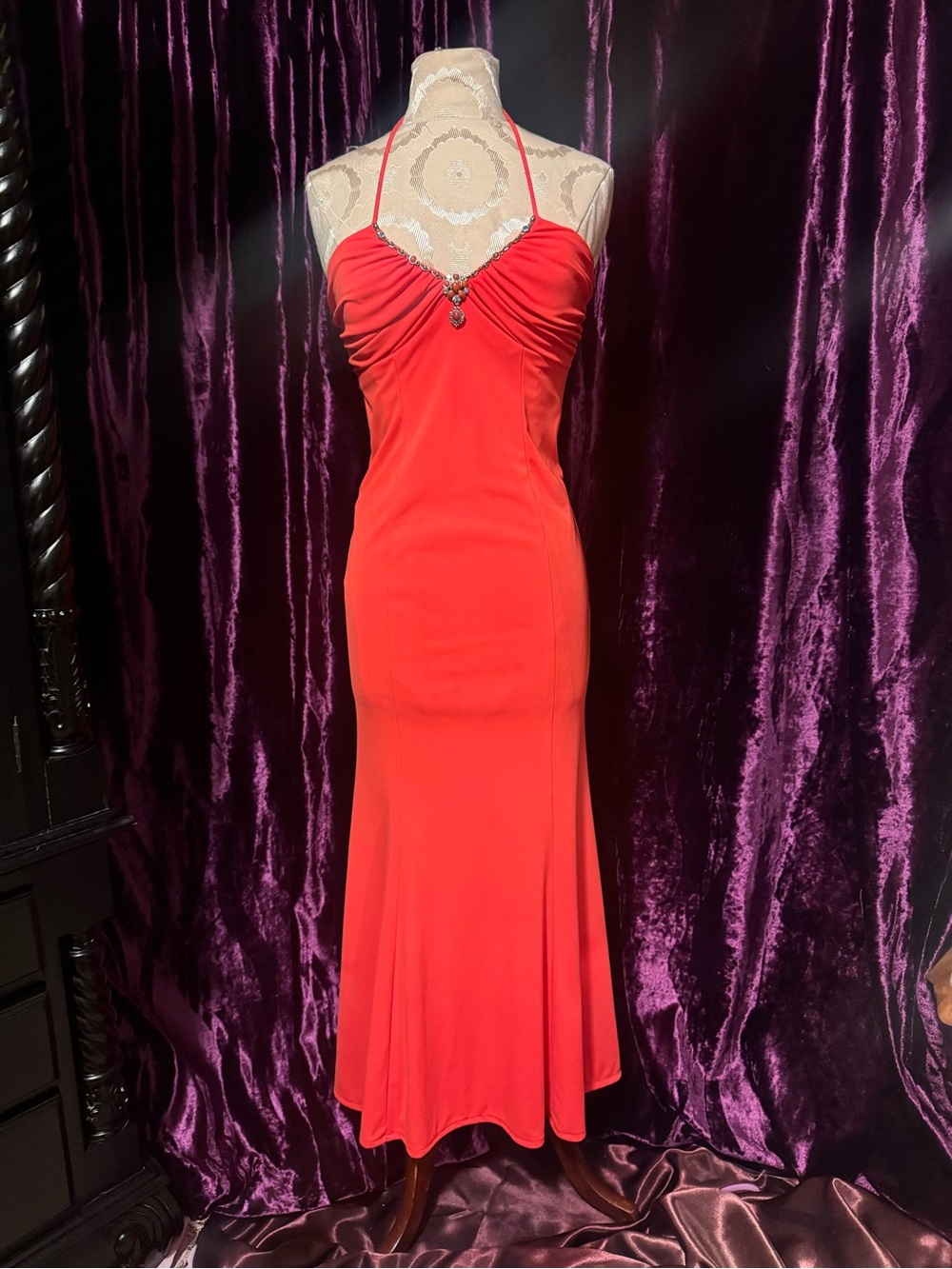 Orange Halter Evening Gown with Jewel Detail - Picture 2 of 9